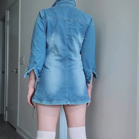 Denim Mini Bodycon Dress 3/4 Sleeve - Picture 3 of 6